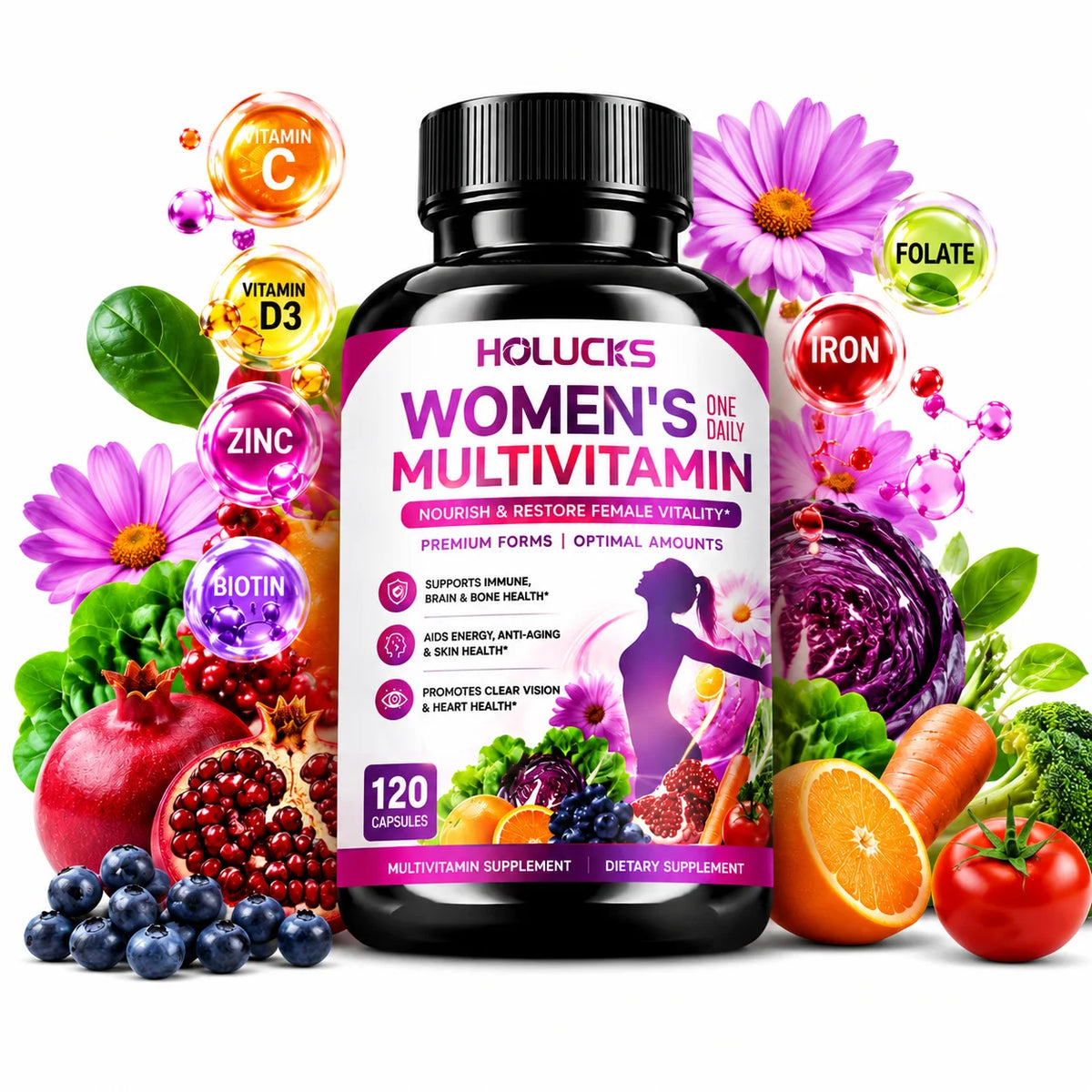 Women's Multivitamin Capsules, with Vitamin A C D3 E B- Calcium Zinc Collagen CoQ10, Support Energy, Bone, Anti-Aging & Vitality