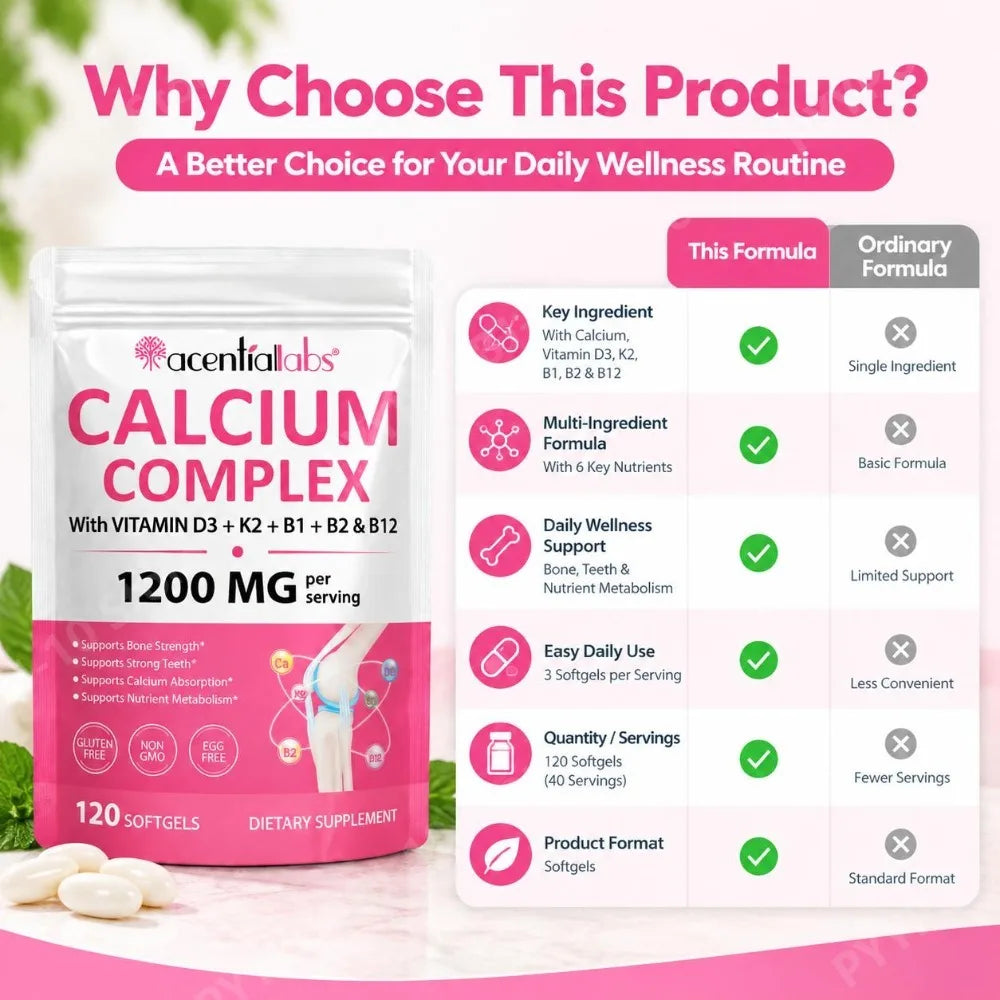 Calcium 1200mg D3 K2 B12 Softgels for Bone Strength, Teeth, Muscle, Heart & Immune Health, Gluten Free & Non-GMO, 120 Softgels