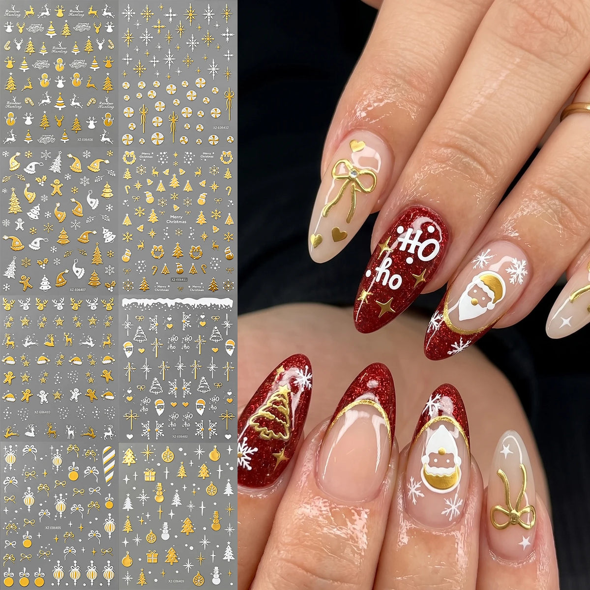 12Pcs Gold White Christmas Nail Stickers Cute Santa Snowflake Tree Ribbon Gingerbread Nails Decals for Xmas Winter Holiday Decor