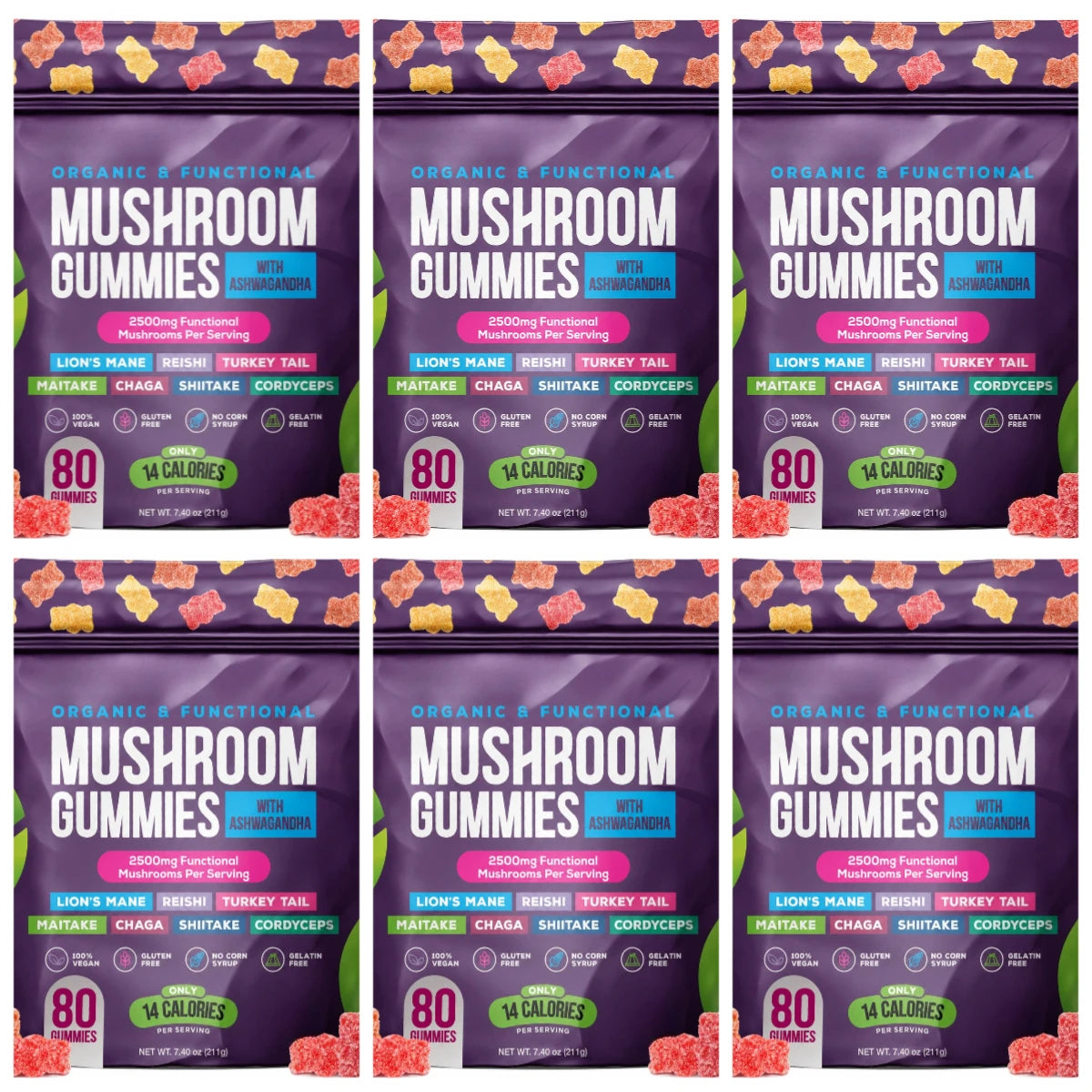 Mushroom Gummies with Ashwagandha Lion's Mane Reishi and Cordyceps, Vegan Gelatin Free Mixed Fruit Supplement