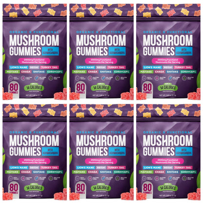 Mushroom Gummies with Ashwagandha Lion's Mane Reishi and Cordyceps, Vegan Gelatin Free Mixed Fruit Supplement
