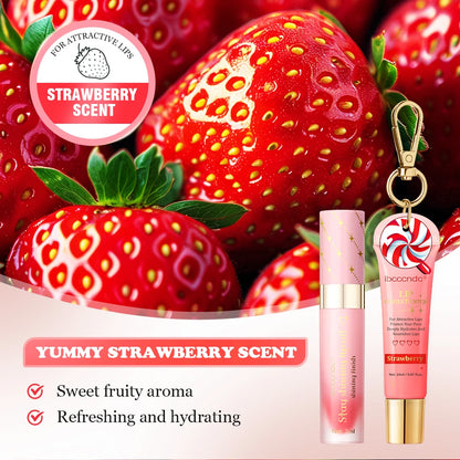 Strawberry Scent Lip Gloss Duo Combo with Keychain Long Lasting Nourish Plumper Lip Cosmetics Christmas Gift