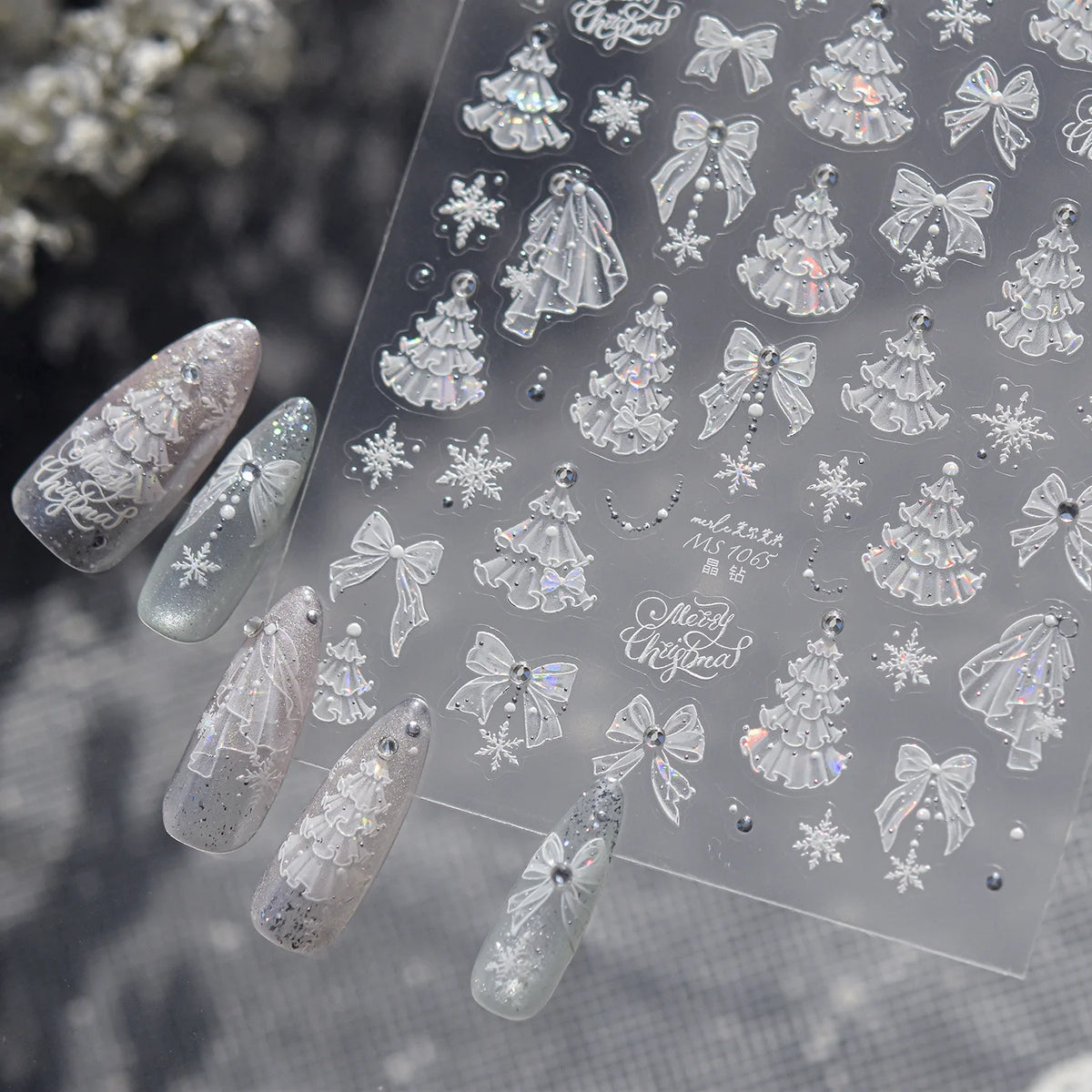 Winter Christmas 5D Nails Sticker White Lace Christmas Tree Bow Snowflake Pattern Self-Adhesive Nail Art Decorations Decals DIY