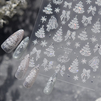 Winter Christmas 5D Nails Sticker White Lace Christmas Tree Bow Snowflake Pattern Self-Adhesive Nail Art Decorations Decals DIY