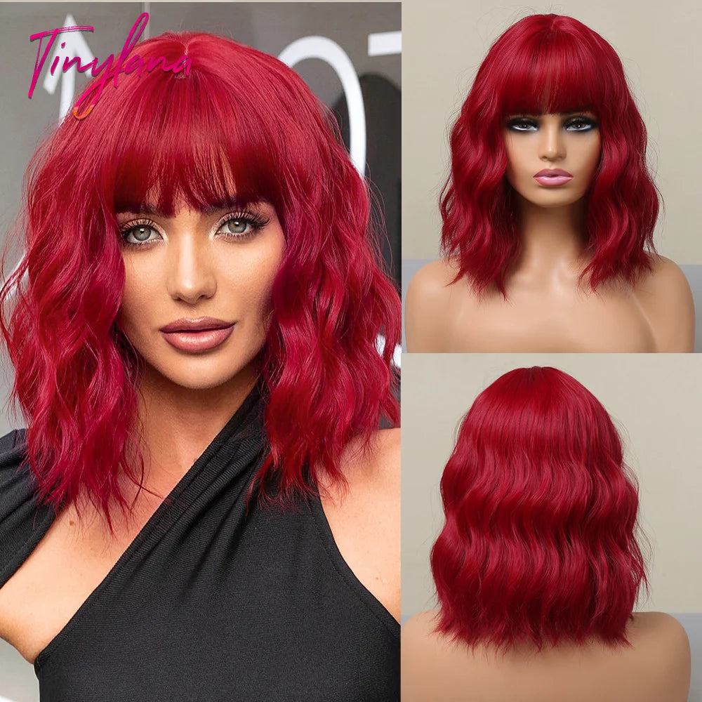 Curly Short Bob Brown Wavy Synthetic Wigs with Bangs Lolita Cosplay Brown Wig for Women Natural Daily Party Hair Heat Resistant