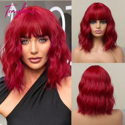 Curly Short Bob Brown Wavy Synthetic Wigs with Bangs Lolita Cosplay Brown Wig for Women Natural Daily Party Hair Heat Resistant