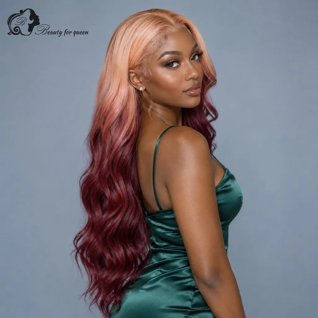 Brazilian Peach Burgundy Ombre Body Wave Wig Mid Length Quality Glossy HD Lace Colored Vivid Deep Hot Premium Transparent