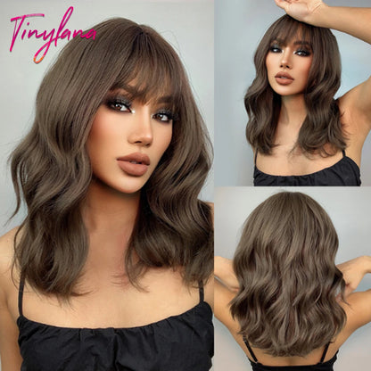 Curly Short Bob Brown Wavy Synthetic Wigs with Bangs Lolita Cosplay Brown Wig for Women Natural Daily Party Hair Heat Resistant