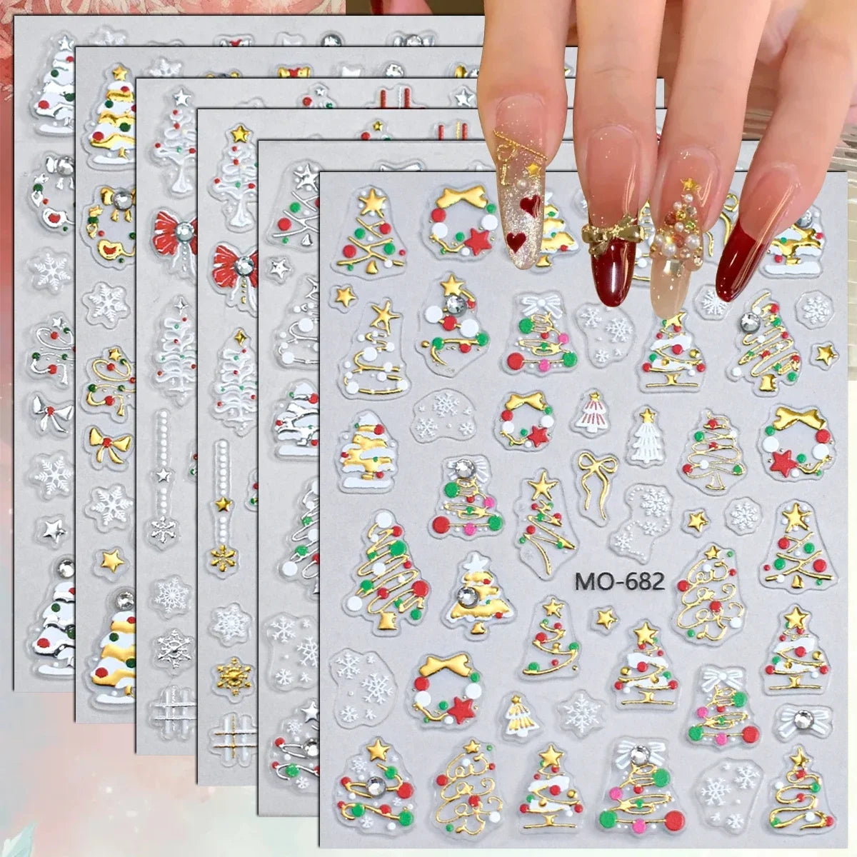 2 to 12 Sheets 5D Gold Silver Christmas Nail Decals Crystal Rhinestone Snowflake Xmas Tree Self Adhesive Nail Art Stickers