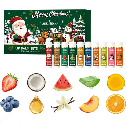 Christmas Lip Balm Set 10 Pack Fruit Flavored Moisturizing Gift Box for Chapped Lips Winter Care Women 50g Christmas Gift