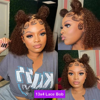 Chocolate Brown 200% Density Deep Curly 13x4 Lace Frontal Bob Wig Water Wavy Human Hair Wigs Pre Plucked Virgin Wet And Hair #4