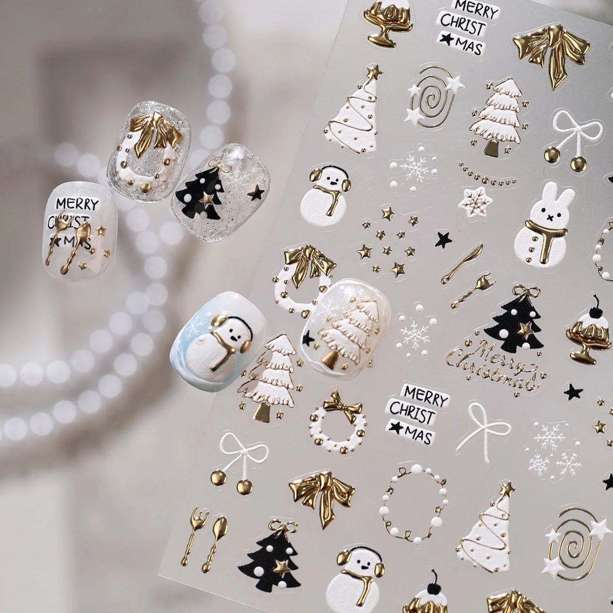 Cute Winter Cartoon Christmas Tree 5D Nail Sticker Snowman Rabbit Bow Pearl Wreath Cake Snowflake Star Self‑Adhesive Nail Decal
