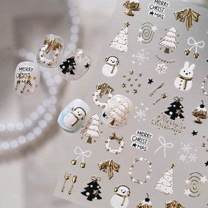 Cute Winter Cartoon Christmas Tree 5D Nail Sticker Snowman Rabbit Bow Pearl Wreath Cake Snowflake Star Self‑Adhesive Nail Decal