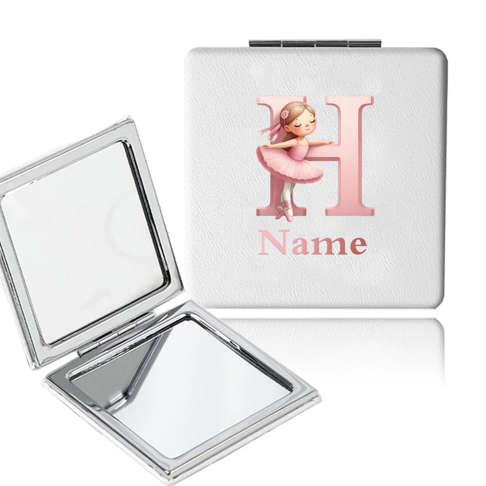 Customized Name PU Handheld Makeup Mirror Cover Dressing Double-Sided Portable Foldable Pocket Cosmetic Mirror