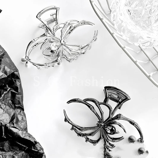 1Pcs Halloween Black Spider Hair Claw Clips with Pearl Charm Design,Metal Gothic Punk Hair Clips Strong Hold Hair Accessories