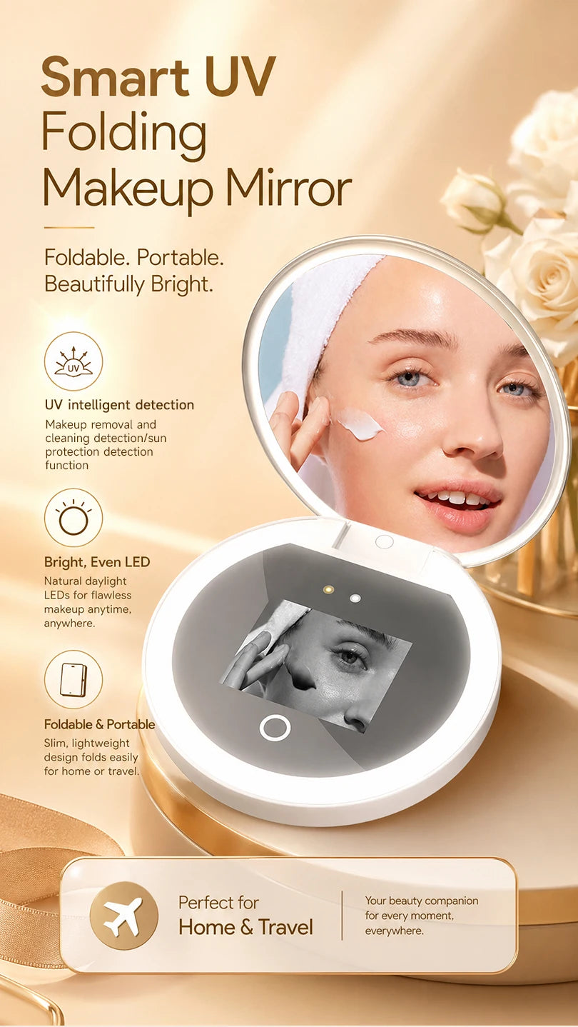 TJMIR UV Smart Sunscreen Mirror Portable LED Makeup Mirror with UV Detection & Sunscreen Testing