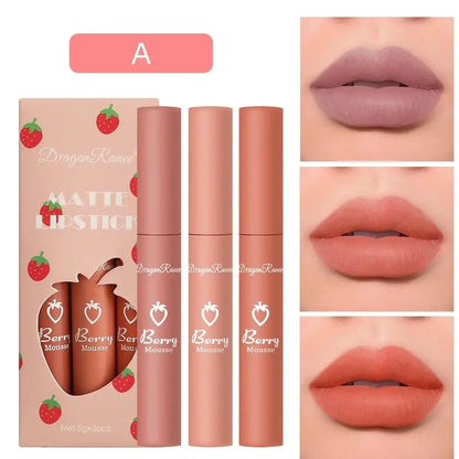 3 PCS Strawberry Velvet Matte Lip Gloss Set Non Stick Lipstick Cute Lip Makeup For Women Long Lasting Hydrating