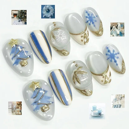 24Pcs Christmas French Fake Nail Tips with Red Diamond Almond Head Wearable Press on Nails Snowflake Xmas Style False Nails Set
