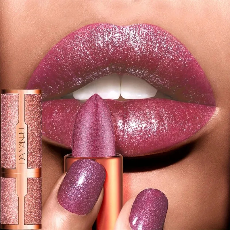 Rose Smoke Powder Lipstick Pearlescent Glitter Bright Starry Sky Glossy Diamond Velvet Lipstick Waterproof Durable Women Makeup