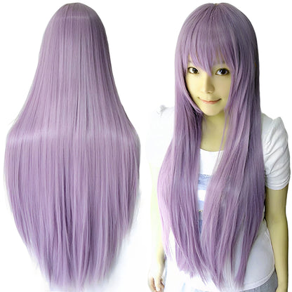 80cm Straight Synthetic Cosplay Wig White Purple Green Silver Pink Lolita Hairpiece with Bangs Long Wigs