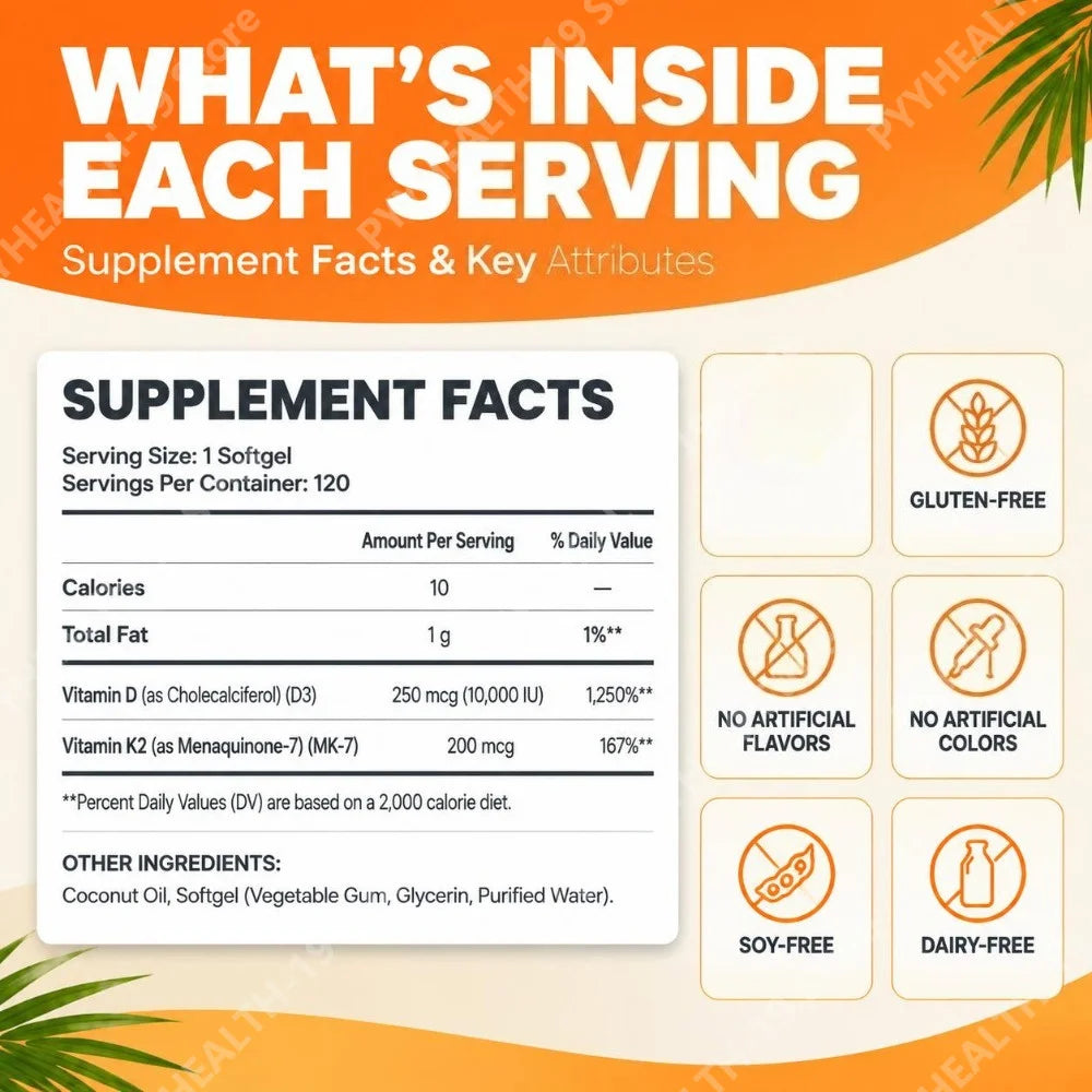 Vitamin D3 10,000 IU & K2 200 mcg Softgels Helps Maintain Healthy Bone Structure Supports Immune Health Strength & Energy 120 Ct