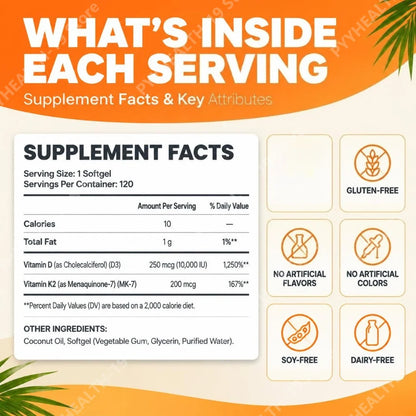 Vitamin D3 10,000 IU & K2 200 mcg Softgels Helps Maintain Healthy Bone Structure Supports Immune Health Strength & Energy 120 Ct