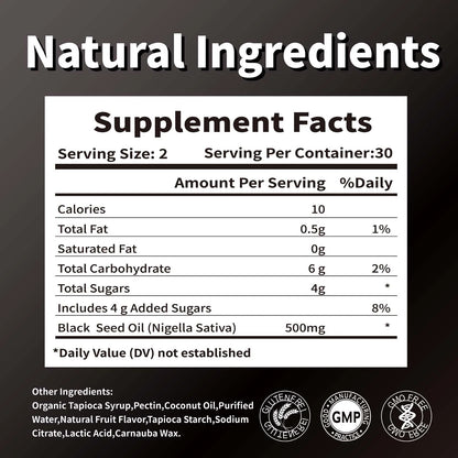 Black Seed Oil 500mg Per Serving - Premium Nigella Sativa Blackseed Gummies for Skin & Immune Support, Non GMO