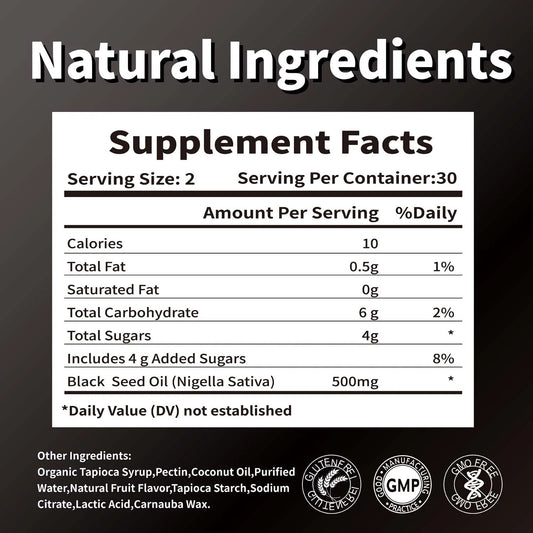 Black Seed Oil 500mg Per Serving - Premium Nigella Sativa Blackseed Gummies for Skin & Immune Support, Non GMO