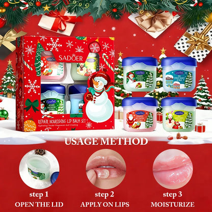 Christmas Lip Balm Set 4Pcs Repair Nourishing Lip Mask Moisturizing Anti-Dry Crack Lip Care Gift Box Alcohol-Free Clear Texture