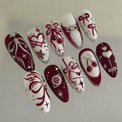 30pcs 3D Dream Rose Press on Nails Heart & Animal Wave Fake Nail Short Almond Full Coverage Nail for Women&Girl False Nail Art