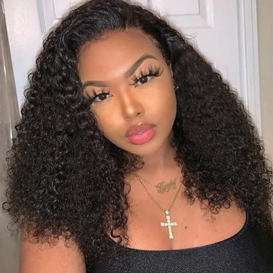 Indian Human Hair Jerry Curly Wig 300% Density Virgin Hair Wig Natural Color Kinky Curly 5x5 Transparent Lace Wig For Women