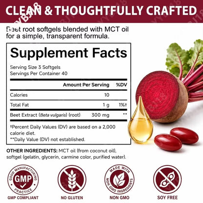 Lenm Beet Root Softgels Natural Antioxidant Supplement for Blood Circulation Vitality & Endurance Support with MCT Oil 120 Count