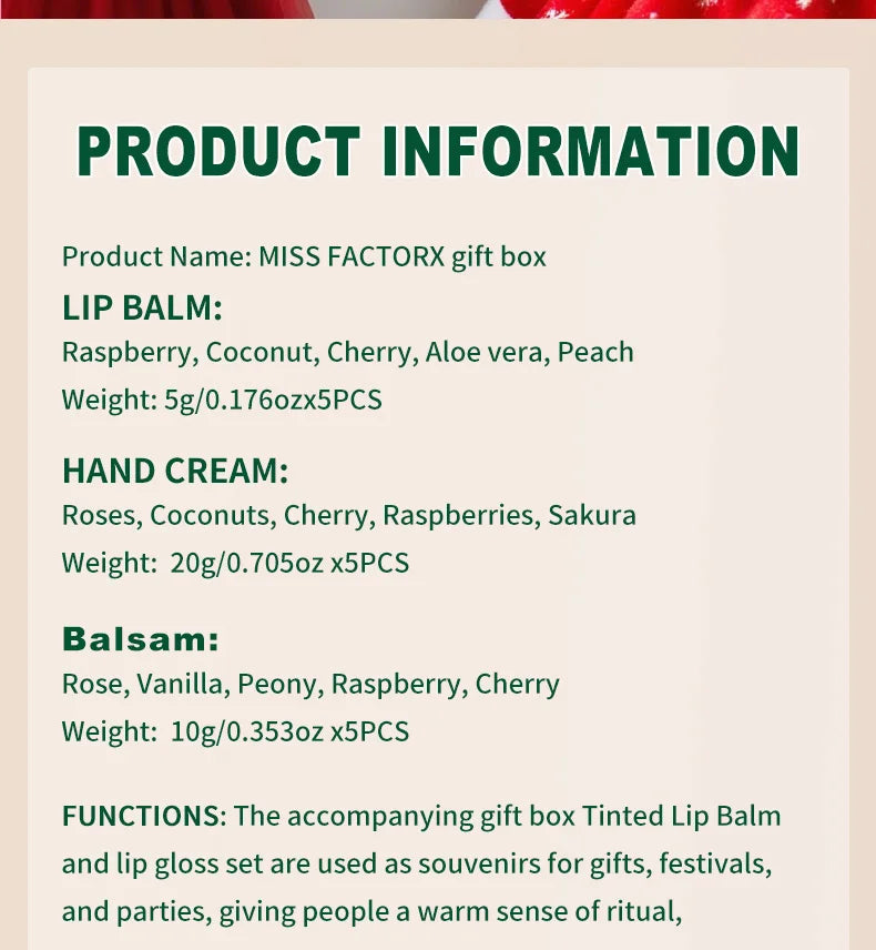 Christmas assembly gift set -5 sets, including balm, hand cream, lipstick, red gauze bag, Christmas tree thank you card
