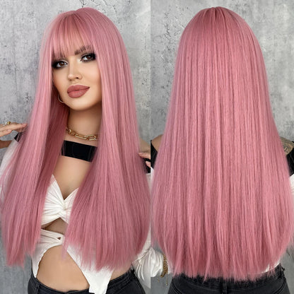 Long Straight Light Blonde Wig for Women Daily Party Highlight Brown Synthetic Layered Hair Wigs with Bangs Halloween Cosplay