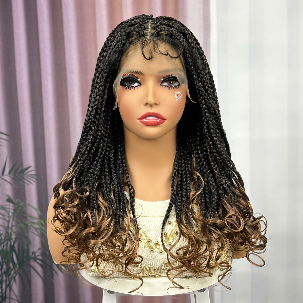 Knotless Box Braided Wig with Wavy Ends Synthetic Lace Frontal 1B-30 Dark Ombre Braided Lace Wig with Baby Hair for Black Women