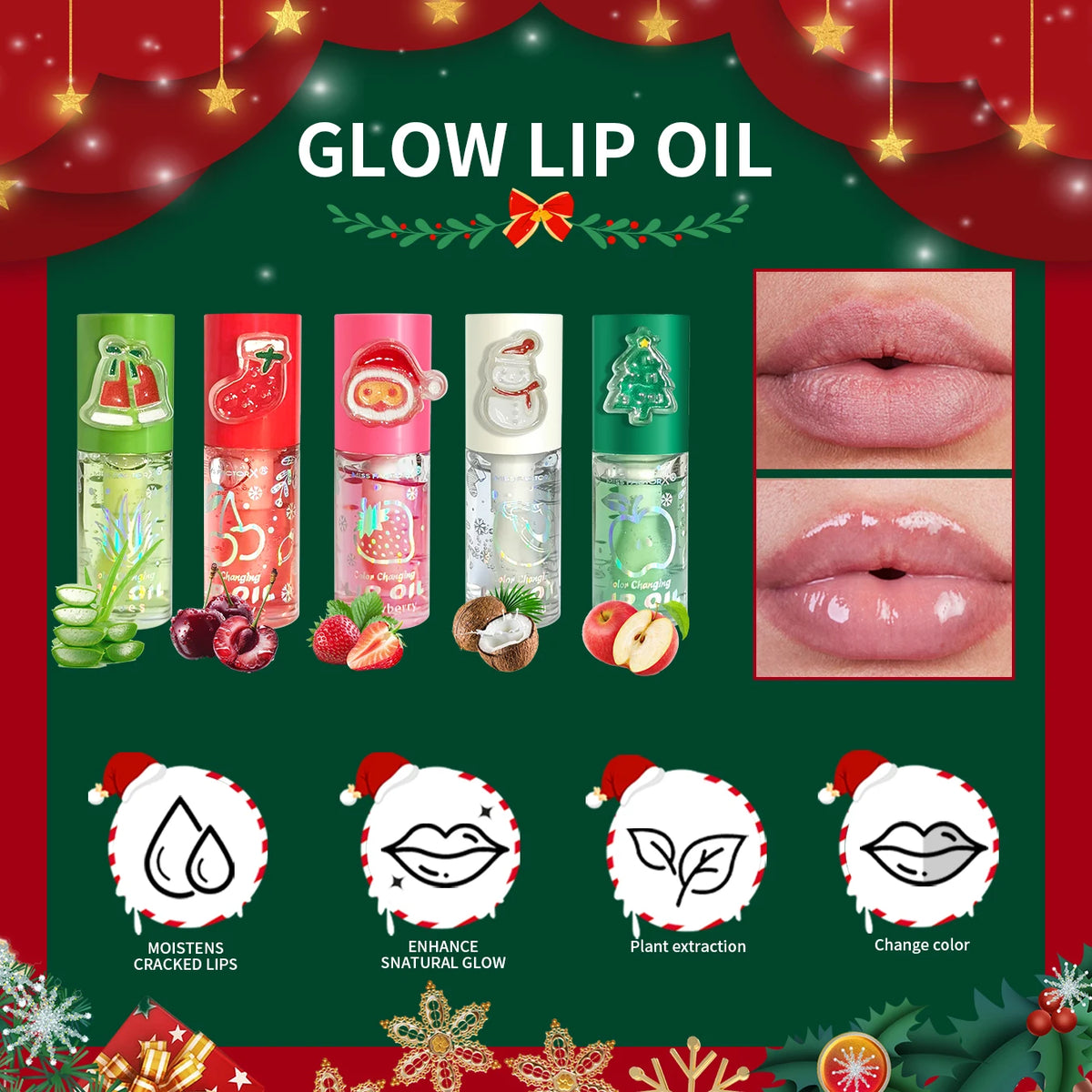 Christmas lip gloss gift box, long-lasting moisturizing and color changing lip oil, high gloss effect lip gloss 5- pieces