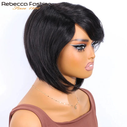 Rebecca Brazilian Short Straight Bob Human Hair Wigs With Bangs Full Machine Made Side Part Bob Human Hair Wigs For Black Women