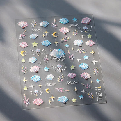 5D Summer Sea Shell Nail Sticker Shiny Embossed Starfish Nails Stickers Summer Beach Wine glass Jellyfish Nail Decals Decoration
