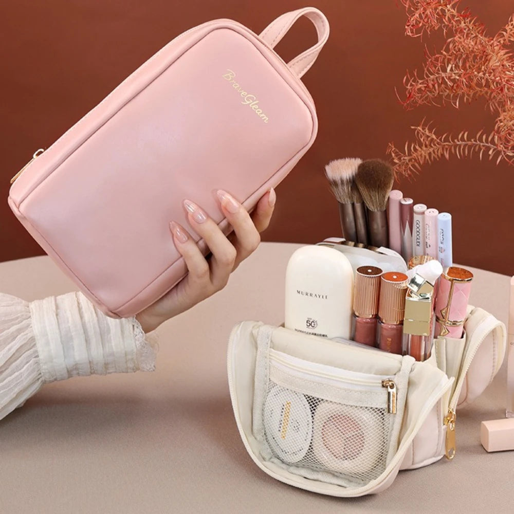 Stand-Up Flap Cosmetic Pouch Portable for Business Trips Makeup Bag Medicine Storage Pouch PU Makeup Brush Storage Cosmetic Bags