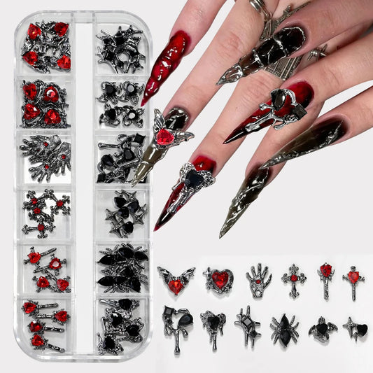 Boxed Retro Alloy Y2K 3D Cross Nail Art Jewelry With Rhinestones Punk Nail Art Charm Accessories DIY Nail Decorations