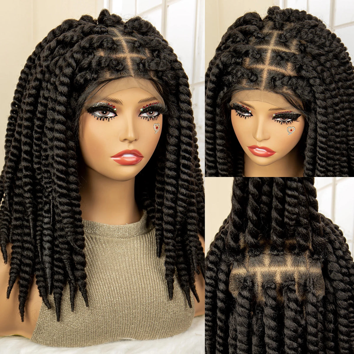 16 Inches Short Synthetic Full Lace Twist Braided Wigs Natural Knotless Box Braiding Wig for Black Women