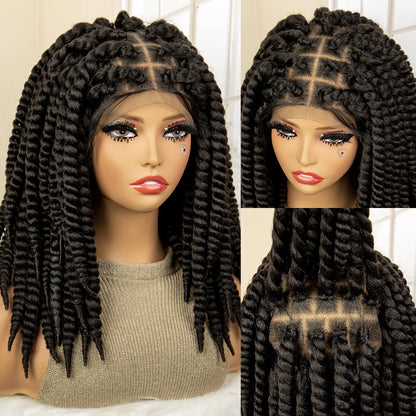 16 Inches Short Synthetic Full Lace Twist Braided Wigs Natural Knotless Box Braiding Wig for Black Women