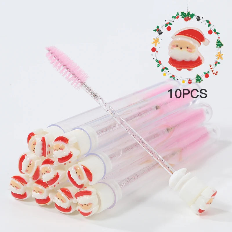 10Pcs Christmas Eyelash Brushes Set Santa Mascara Wand with Case Spoolie Eyebrow Comb Festive Makeup Tool Xmas Gift for Women