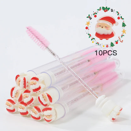 10Pcs Christmas Eyelash Brushes Set Santa Mascara Wand with Case Spoolie Eyebrow Comb Festive Makeup Tool Xmas Gift for Women