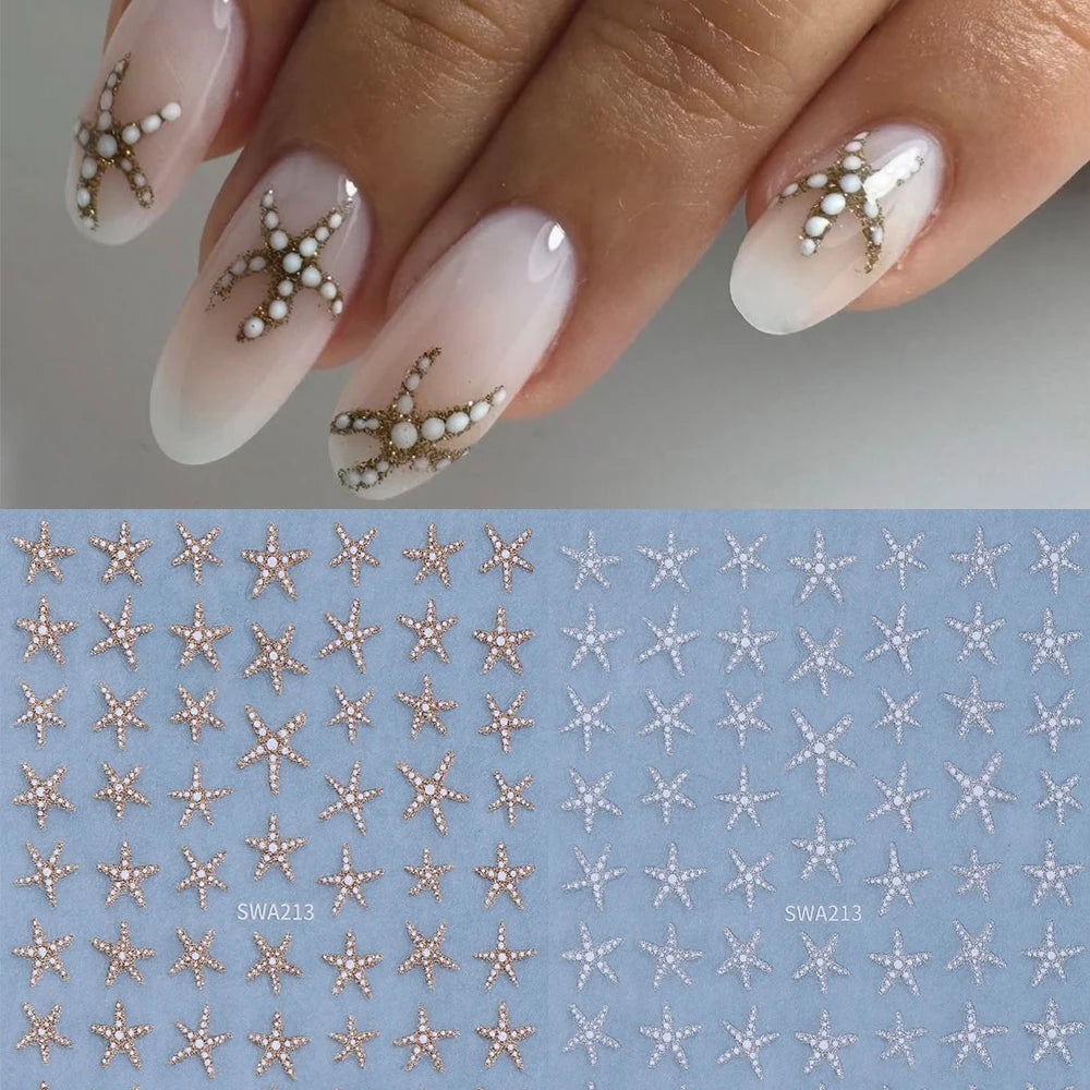 2pcs Summer Sea Star Nail Art Stickers Gold Silver Glitter Shell Starfish Nail Decals for DIY Manicure Soap Nail Decorations