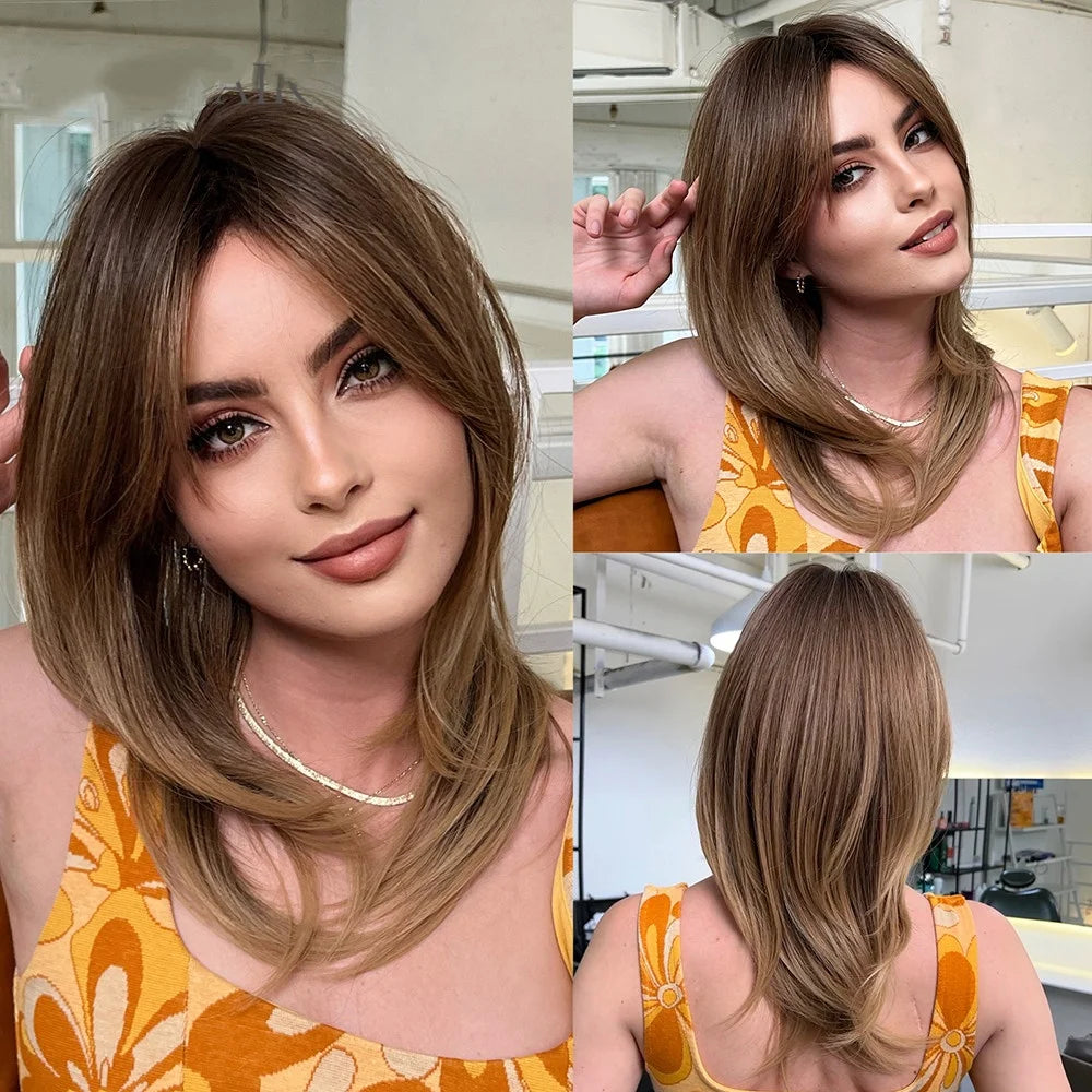 Synthetic Long Blonde Layered Wigs for Women Wig with Bangs Natural Looking Straight High Temperature Hair for Daily Christmas