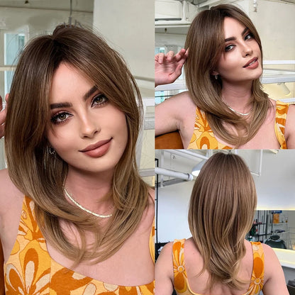 Synthetic Long Blonde Layered Wigs for Women Wig with Bangs Natural Looking Straight High Temperature Hair for Daily Christmas