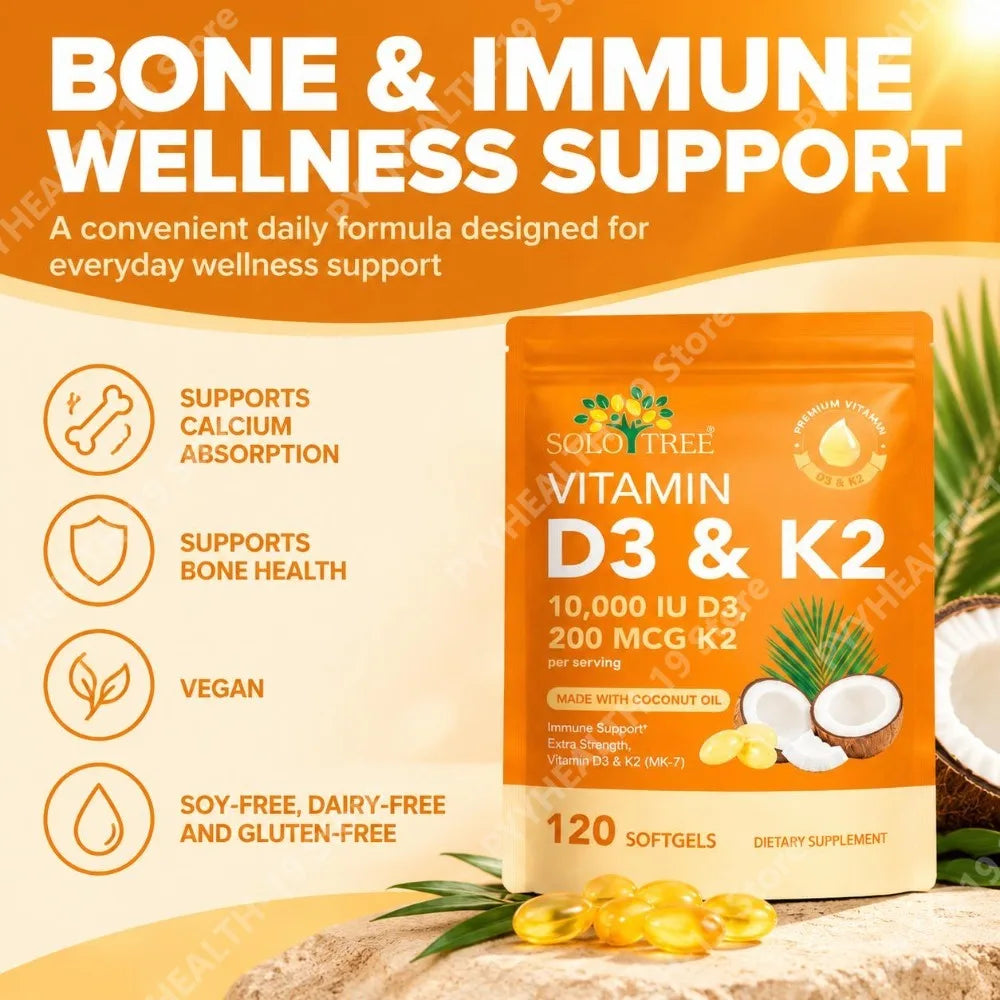 Vitamin D3 10,000 IU & K2 200 mcg Softgels Helps Maintain Healthy Bone Structure Supports Immune Health Strength & Energy 120 Ct