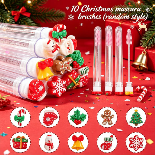 10Pcs Christmas Eyelash Brush Set Santa Snowflake Mascara Wands Spoolies Eyebrow Comb Lash Extension Tools Xmas Beauty Gifts