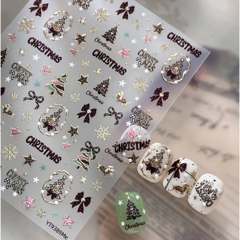 Leopard Print Christmas Tree Nail Art Stickers Golden Lines Butterfly Knots Stars Snowflakes Letters Nail Decoration Sticker DIY